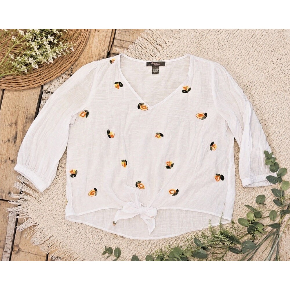 Sheer White Peasant Top Embroidered Blouse summer size XL Olivia & Martin fruit